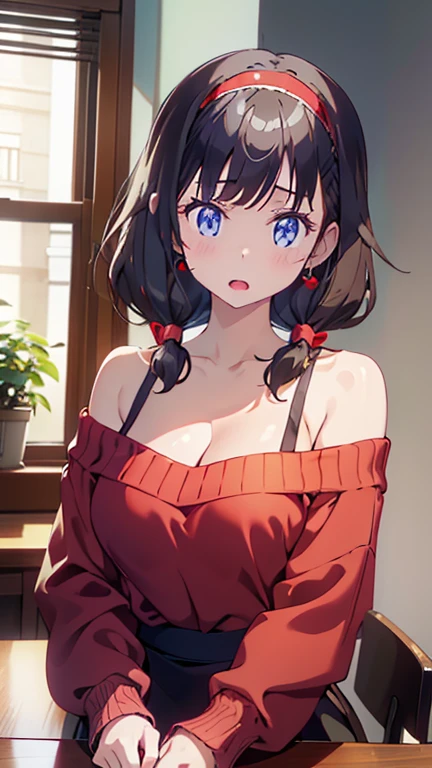 masterpiece, yor, 1girl, Amazing Cleavage:1.3, thin waist, big ass, Raised sexy, medium breast: 1.8 posed cleavage:1.2、solo, looking at viewer, open mouth, have a cup of coffee,black hair, red eyes, dress, bare shoulders, jewelry, collarbone, sidelocks, hairband, earrings, indoors, off shoulder, :o, sweater, arms behind back, plant, short hair with long locks, white hairband, off-shoulder dress, sweater dress, off-shoulder sweater, red sweater, big side hair, very long side hair,is rendered in (masterpiece: 1.2, best quality), with (ultra high resolution) and an exquisite (depth of field). This masterpiece is not only visually stunning but also tells, teach of cooking ,in the kitchen