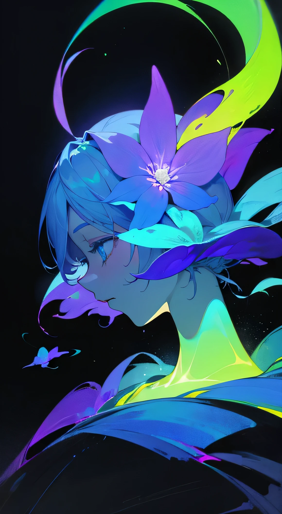 a portrait of flower in the dark, the flower is glowing, is a simple image, is gorgeous,(((spectral flower))), fantasy flower,incredible, amazing, spectral,magic,magical flower, blue spectral, in the dark, glow,,no_humans,colorful, vivid color,blue and black,