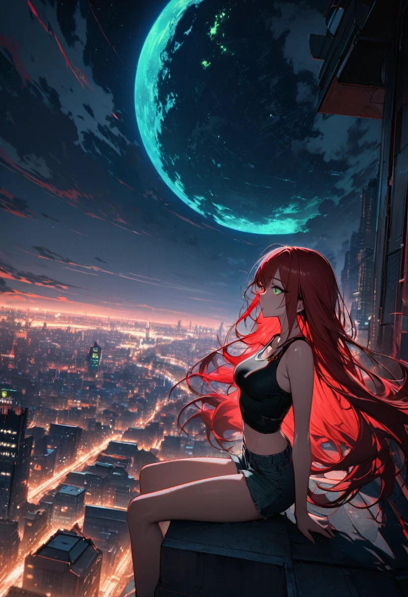 best quality, super fine, 16k, incredibly absurdres, extremely detailed, beautiful woman sitting on a rooftop of a building gazing into the distance, wearing tight tanktop, shorts, captivating look, red long hair, red hair, long hair, green eyes, green eyes, wind, wind-effect, moonlit night view, (magnificent view:1.1) , clockpunk
