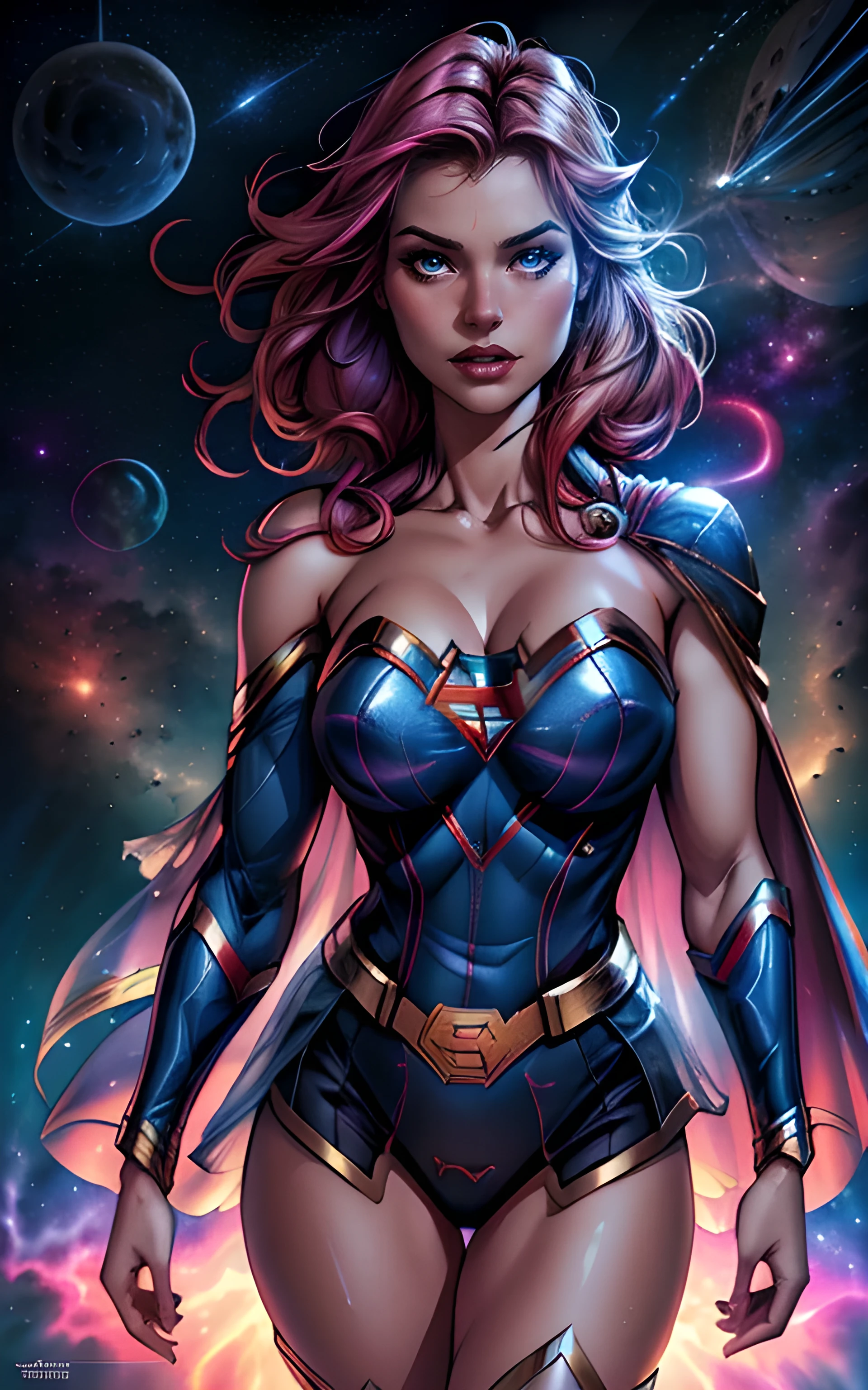 (best quality,highres,realistic:1.2),ultra-detailed,Supergirl in outer space, colorful nebula background, from above,solo, vibrant colors, ethereal lighting,Supergirl cape flowing in the wind, detailed costume, powerful and confident pose,sharp focus, vivid visual effects, professional concept art style