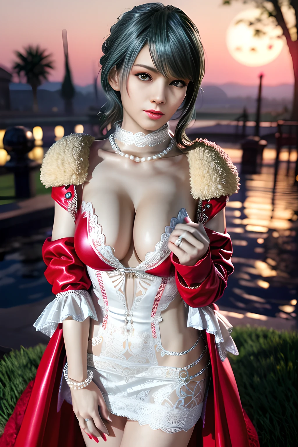 1 girl,lean over WINK,(Wearing Wedding Dress:1.2) ,(Wearing Jewel:1.2) ,( red lace_coat:1.3),(Fluffs :1.4),(pearl bodychain:1.3),garden,nighttime,moon,( huge breasts ),cleavage,shiny skin,lip gloss,tattoos, masterpiece, best quality, realistic ,Surrealism,Rich artistic colors,natural colors art in 8k,3D,Portrait art,solo, tamaki