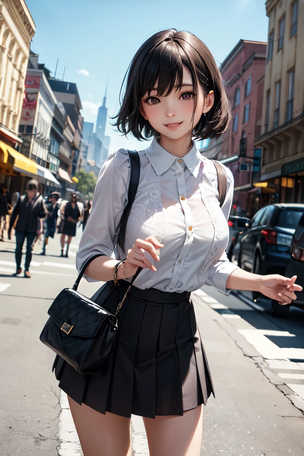 very cute and beautiful girl standing near building,(highly detailed beautiful face),
cowboy shot,cute spring fashion outfits,pleated mini skirt,looking at viewer,(smile),black hair,(black bag),
city square,downtown street,people,crowd,
(best quality,masterpiece:1.0),absurdres,highres,ultra-detailed,extremely detailed,32k,8k resolution,
intricate details,cinematic scene,detailed background,solo focus,dynamic angle,