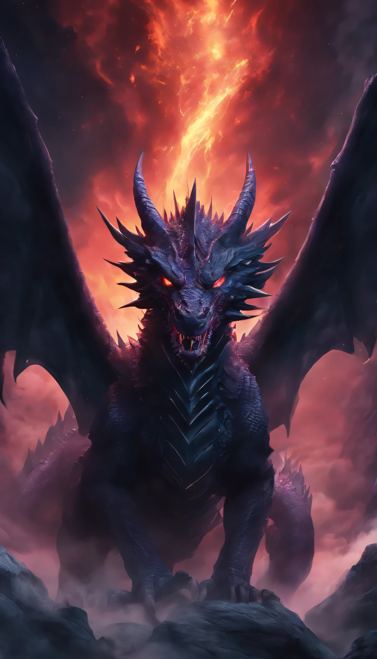 (best quality,4k,8k,highres,masterpiece:1.2),ultra-detailed,(realistic,photorealistic,photo-realistic:1.37),medium:3D rendering menacing dragon,obsidian scales,crimson eyes,expansive wings,mystical aura,vertical orientation,dark,ominous,shadows,cavern,mysterious,foreboding,dragon claws,tail coiled,sharp horns,spikes,fire-breathing,mythical creature,ominous presence,aurora borealis,illuminating,otherworldly,ethereal,reflection,glowing scales,dragon's lair,steaming nostrils,majestic,fierce,ominous silhouette,vivid colors,sharp details,powerful beast,foreboding sky,unleashing its power,dragon scales glistening,darkness engulfing,mystery,awe-inspiring