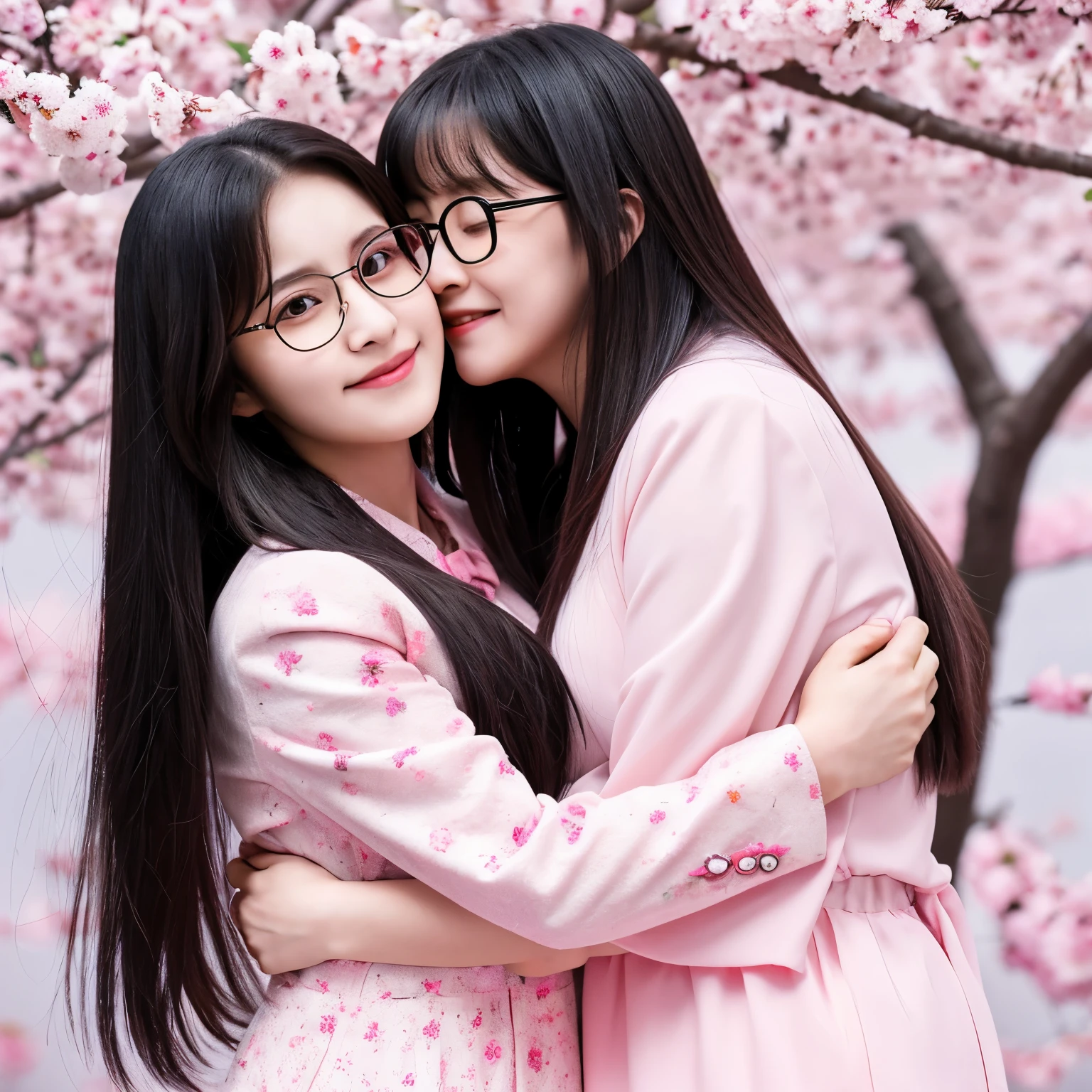 20th Generation,Glasses Long Hair Black Hair whole body Cherry blossom background Beauty The two of them hug each other