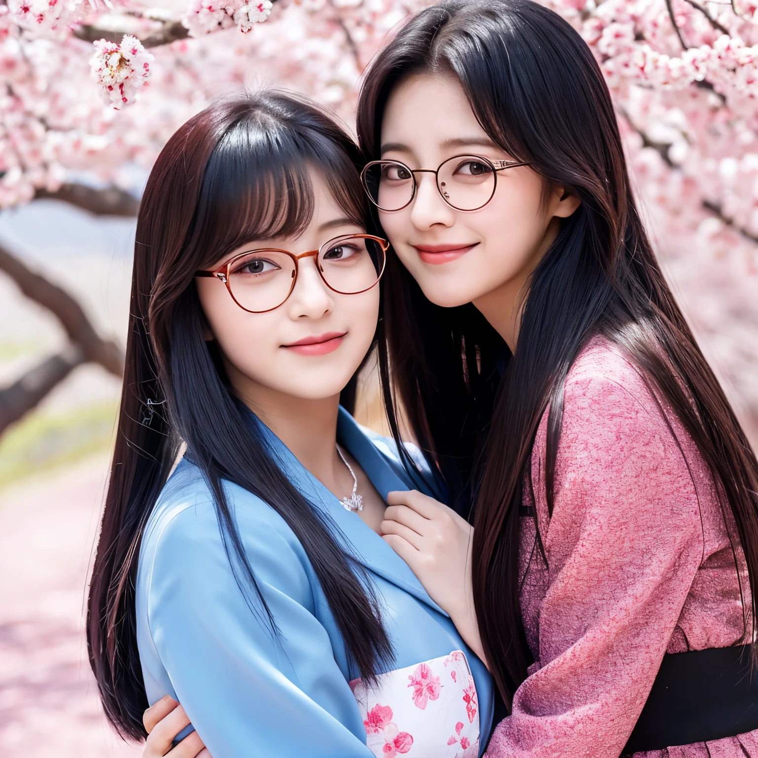 20th Generation,Glasses Long Hair Black Hair whole body Cherry blossom background Beauty The two of them hug each other