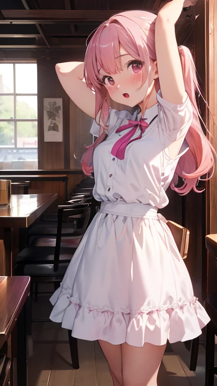 masterpiece、highest quality、Very detailed、8k CG、
Photograph the upper body、1 female、(Put your arms behind your back:1.2)、Are standing、Turn your body forward、View your viewers、(waitress)、blush、shy、(trembling:1.2)、Pink Hair、Open your mouth、restaurant、