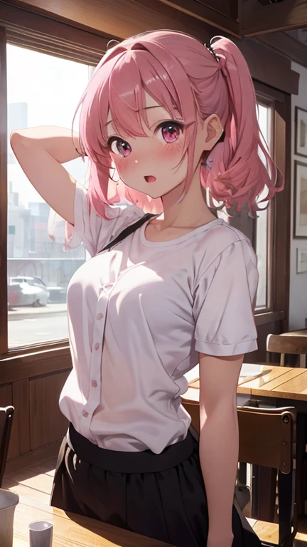 masterpiece、highest quality、Very detailed、8k CG、
Photograph the upper body、1 female、(Put your arms behind your back:1.2)、Are standing、Turn your body forward、View your viewers、(waitress)、blush、shy、(trembling:1.2)、Pink Hair、Open your mouth、restaurant、