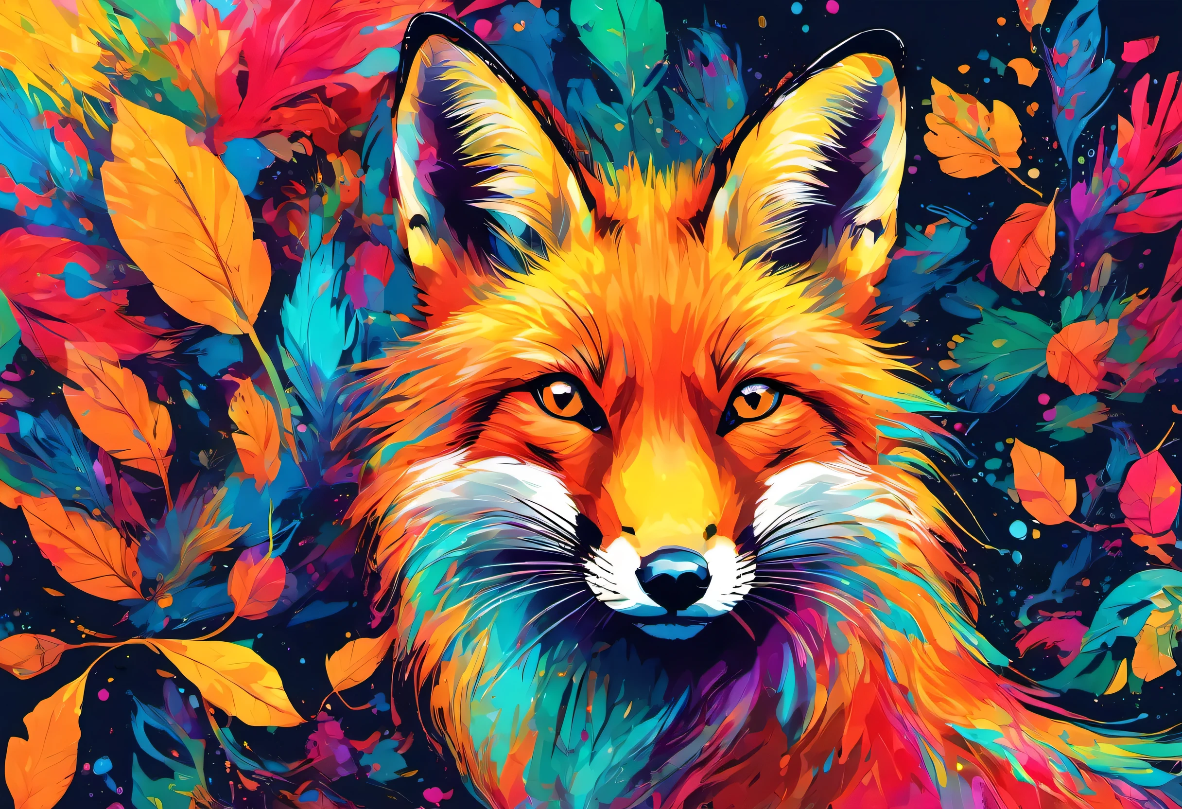 A red fox with colorful paint on its face and leaves, vector art:Zahari Zograf, Trending on Pexels, psychedelic art, Rich in color and detail, A complex and colorful masterpiece, art:Alessandro Pautasso, very complex and colorful, colorful hd images, A colorful and intricate masterpiece, High quality HD digital art, great digital art, very colorful