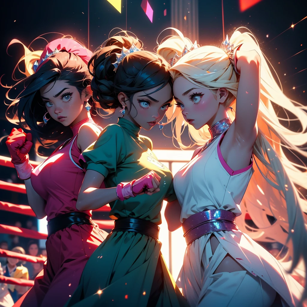 A group of video game princesses engaging in a dynamic boxing match. The princesses are dressed in their iconic princess outfits, adding a touch of elegance to the sport. They are wearing comically oversized boxing gloves, creating a humorous and playful atmosphere. Above their heads, there are health bars representing their energy levels, enhancing the competitive vibe. The image is of the best quality, with ultra-detailed graphics and a photorealistic style. The color palette is vibrant and vivid, giving life to the scene. The lighting is carefully set up to highlight the princesses and create a dramatic effect. Include lots of panty slips, well defined vagina