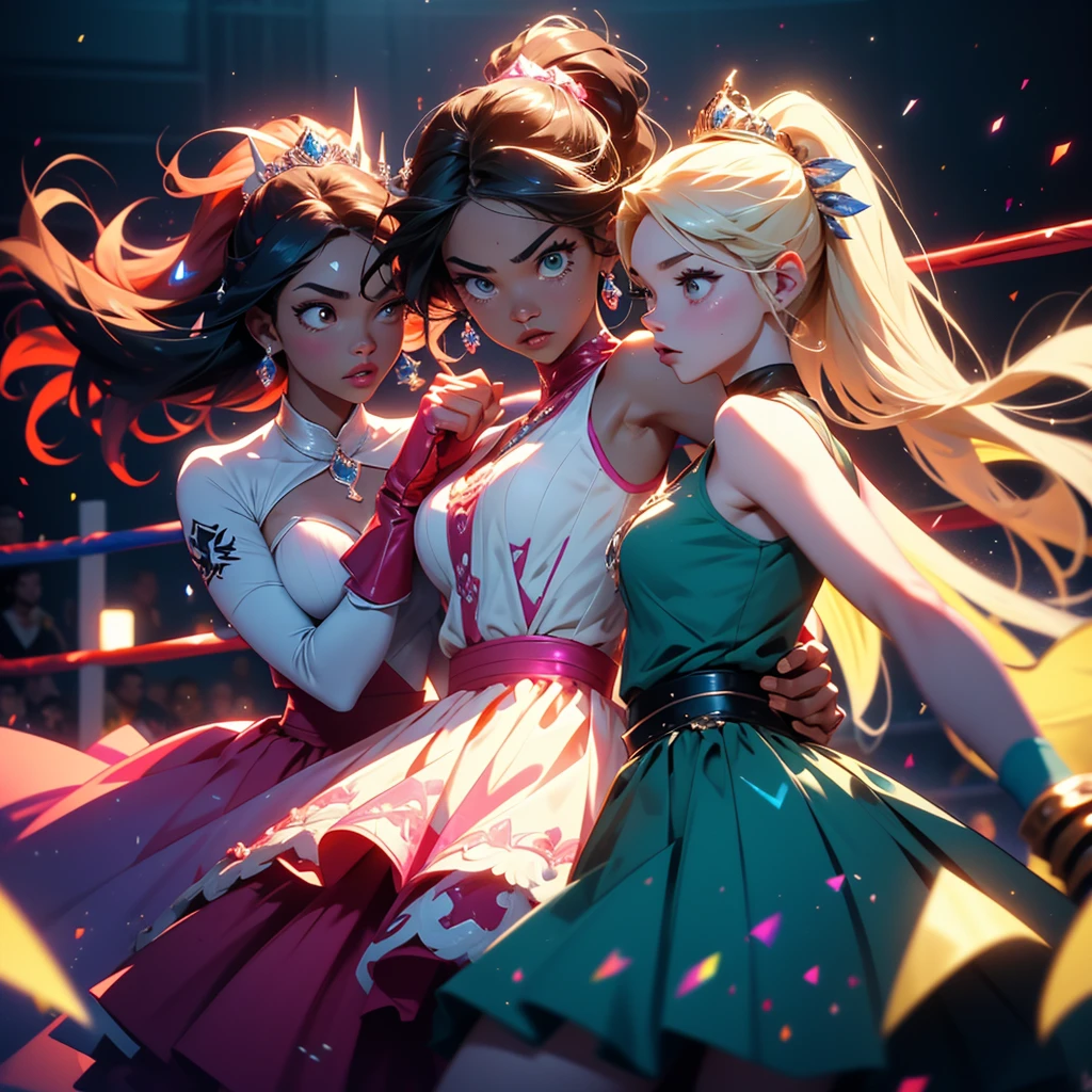 A group of video game princesses engaging in a dynamic boxing match. The princesses are dressed in their iconic princess outfits, adding a touch of elegance to the sport. They are wearing comically oversized boxing gloves, creating a humorous and playful atmosphere. Above their heads, there are health bars representing their energy levels, enhancing the competitive vibe. The image is of the best quality, with ultra-detailed graphics and a photorealistic style. The color palette is vibrant and vivid, giving life to the scene. The lighting is carefully set up to highlight the princesses and create a dramatic effect. Include lots of panty slips, well defined vagina