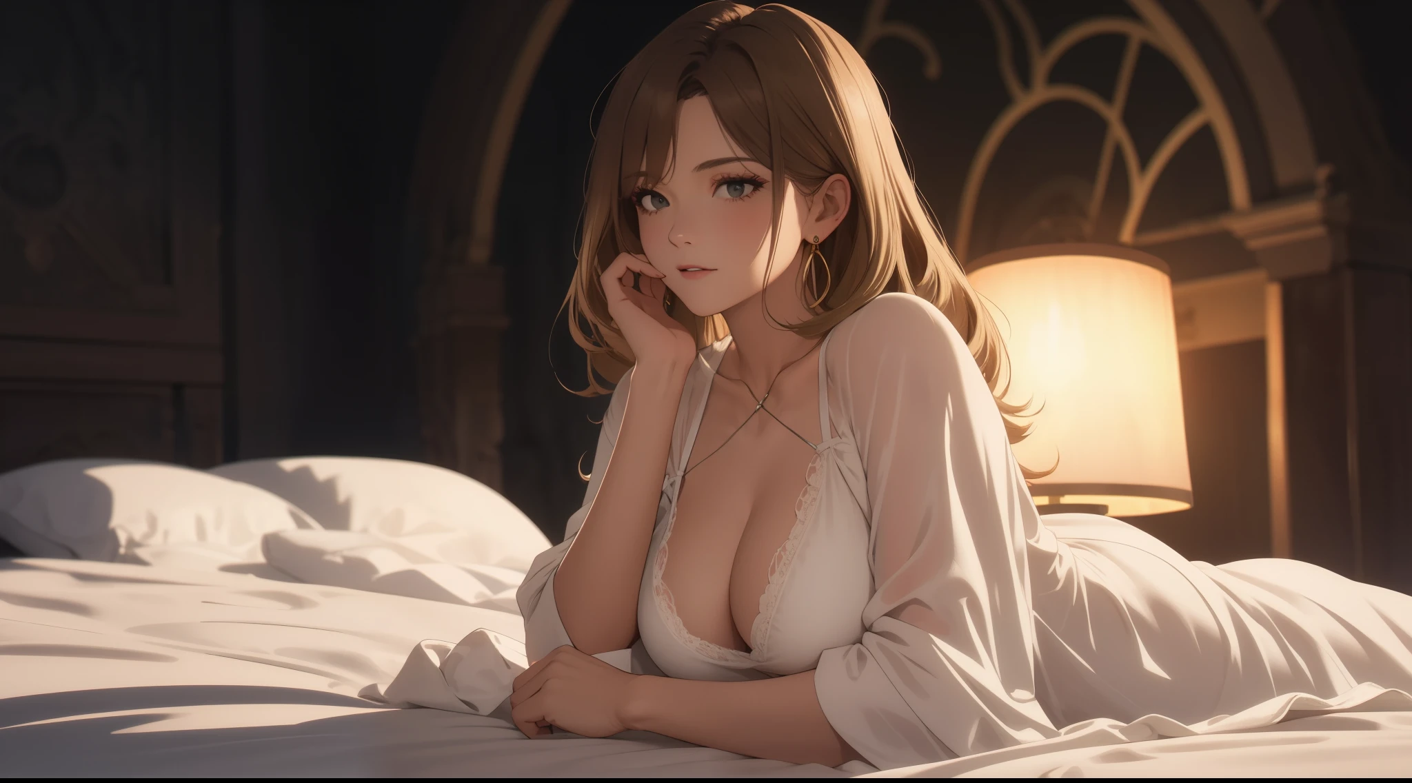 masterpiece, 1womanl, (((Solo))), of the highest quality, Hi-Res, 4K, cleavage, ((White nightgown)), large breasts, (Full body),  earrings, 