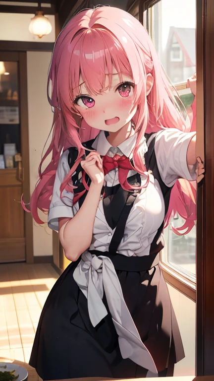 masterpiece、highest quality、Very detailed、8k CG、
Photograph the upper body、1 female、(Put your arms behind your back:1.2)、Are standing、Turn your body forward、View your viewers、(Yellow waitress uniform)、blush、shy、(trembling:1.2)、Pink Hair、Open your mouth、restaurant、