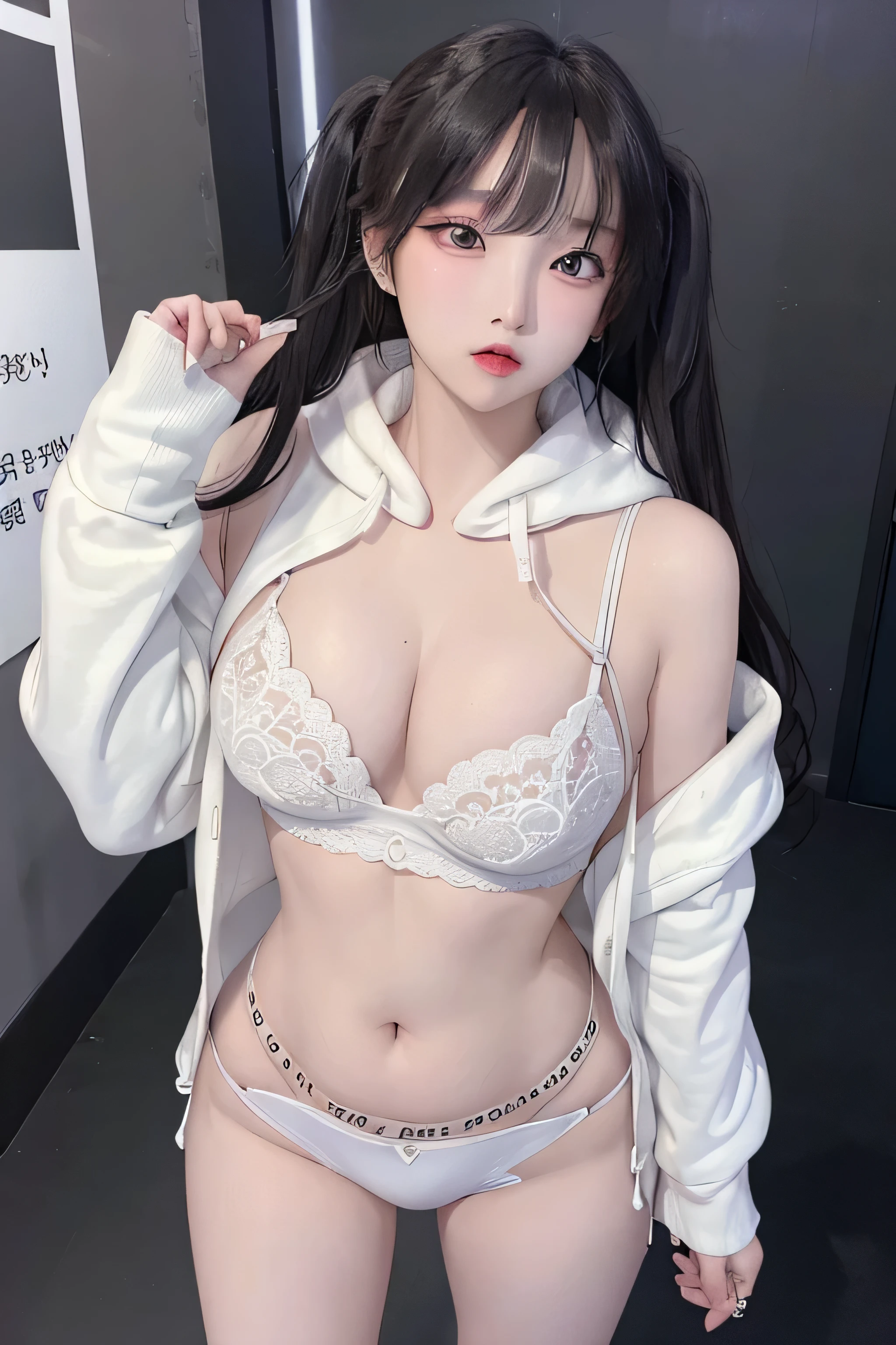 high image quality、Raw photography、20-year-old Korean、big round chest、white Hoodie without front closed、black lace underwear、Beautiful Eyes of Details、very elongated eyes、Beautiful eyelashes、Beautiful double eyelids、eyeshadows、耳Nipple Ring, (standing pose:1.5), wearing super tight boxers,