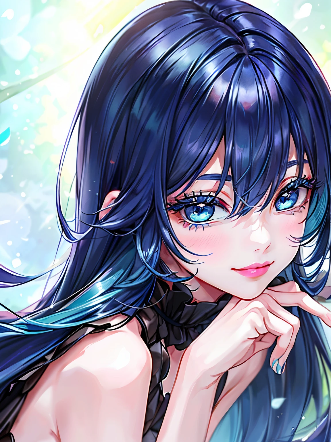 (masterpiece)), (best quality), (detailed), 1girl, looking at viewer, eyelashes, (( BRIGHT blue eyes)), detailed eyes, (lipstick:0.75), glossylips, round lips, large lips, seductive smile, ((long dark blue hair)), multicolored hair, Cyan hair ((Long messy hair)), hair in between eyes, bare breasts,