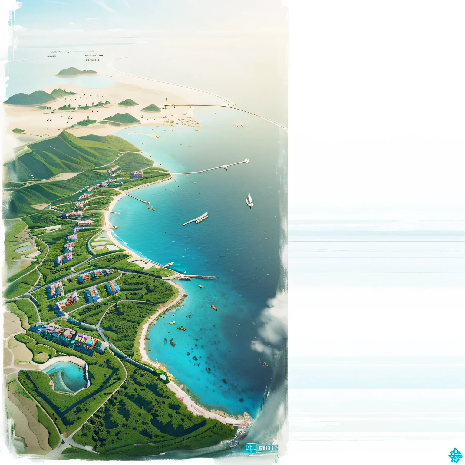 There is a photo of a tropical island, Detailed scenery —width 672, Digital Rendering, Aerial illustration, coastalline, Background of Fuxing Port City, Detailed screenshots, coastal, sun coastal, Guangjian, author：Yang Borun, Aerial View, Aerial View, Eye level view, illustration, Aerial View