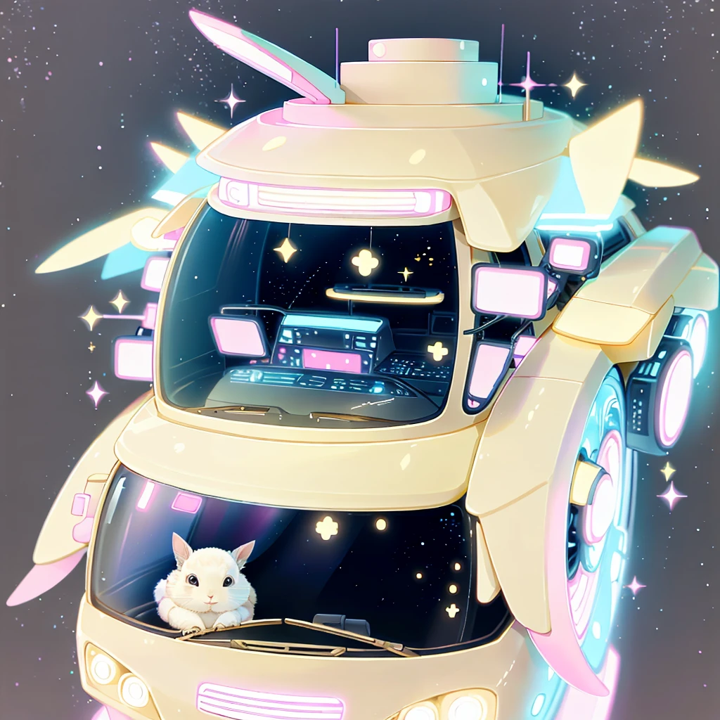 A futuristic flying star-shaped pastel-colored vehicle、kawaii tech,No people、rabbit