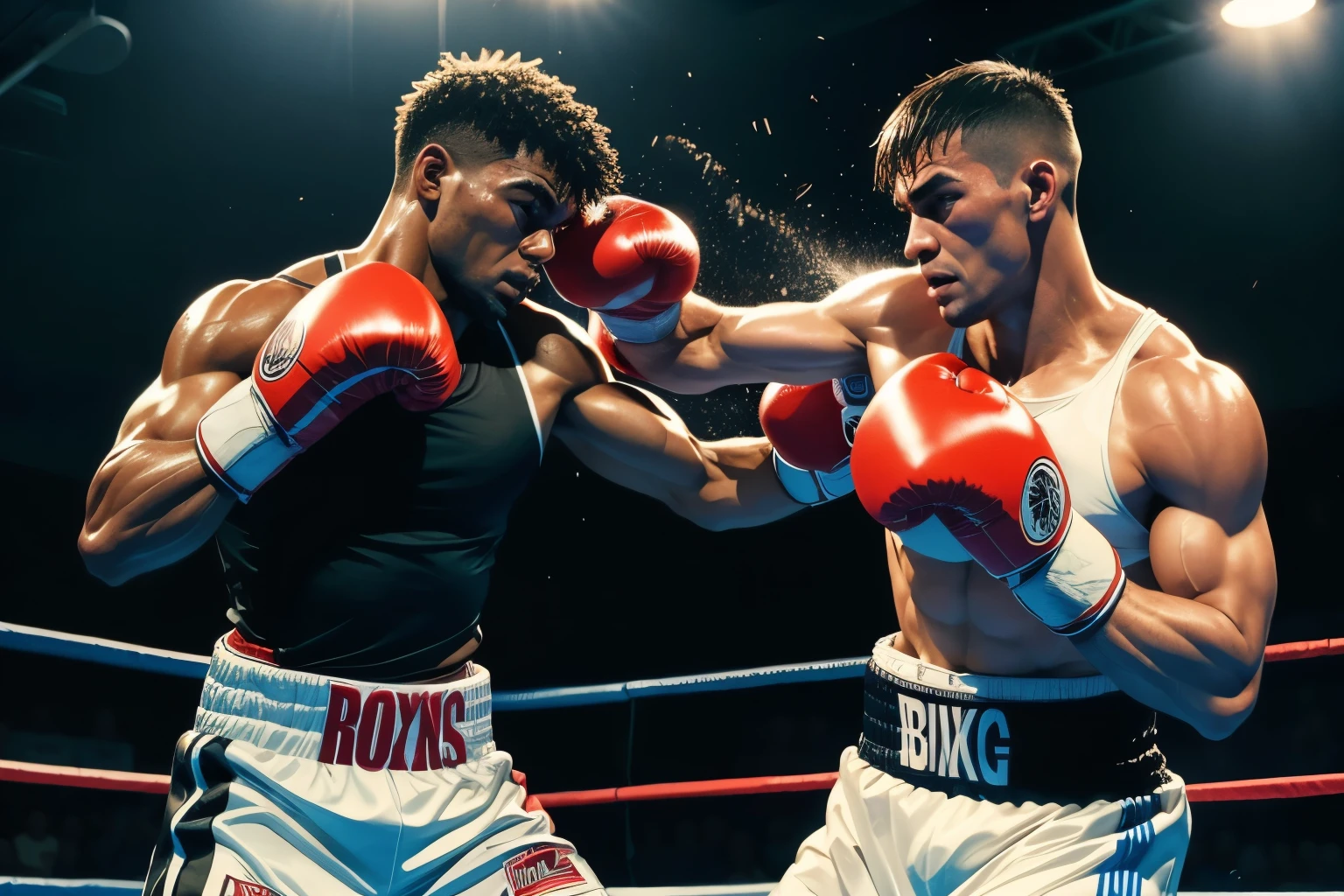 best quality, boxing match, two muscular and strong-looking boxers, sweat flying, ring, enthusiastic crowd, light