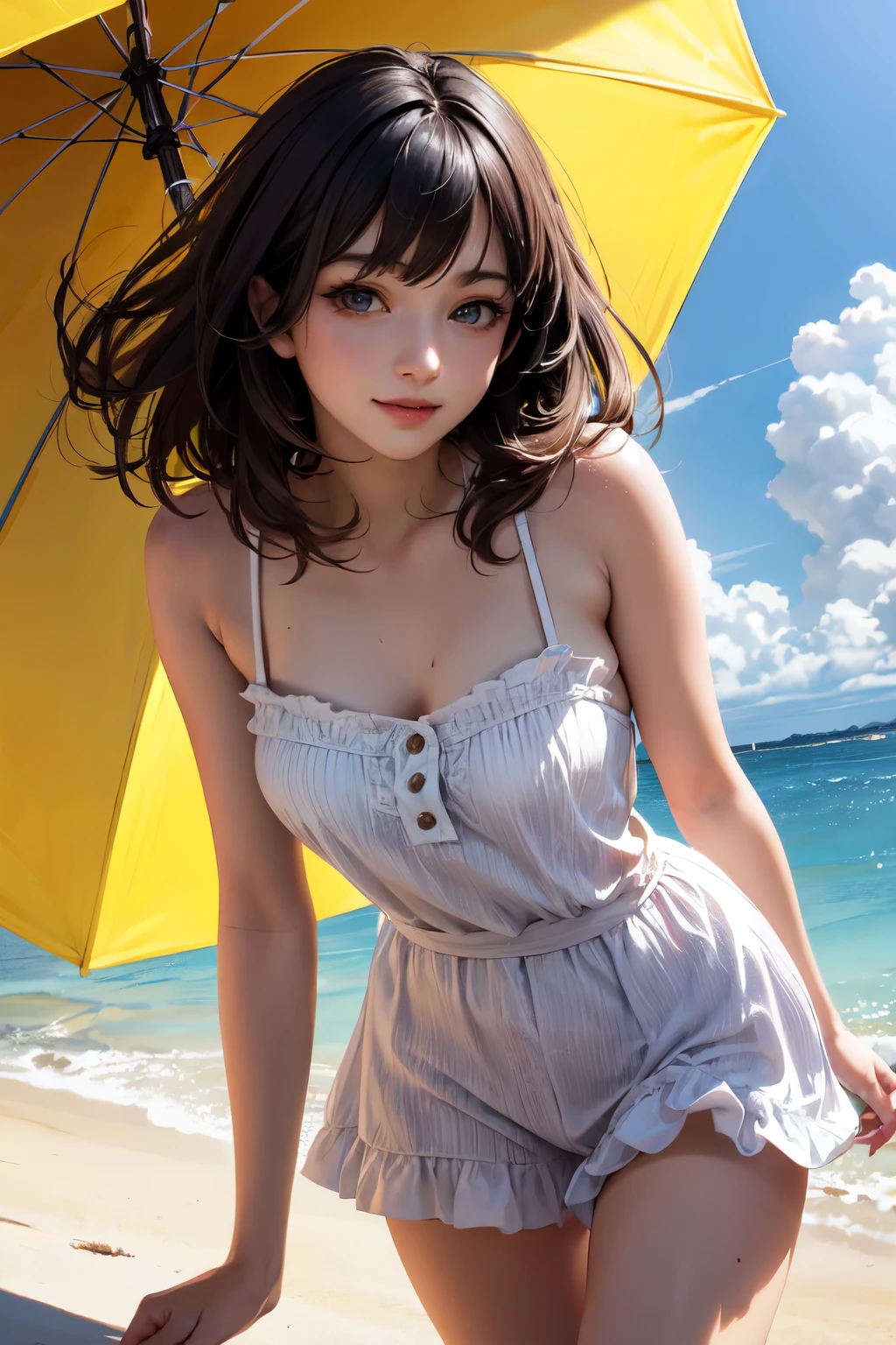 very cute and beautiful girl,(highly detailed beautiful face),camisole,cute ruffle petticoat,detailed legs,
(smile),happy,looking at viewer,black hair,beach,tropical resort,
(best quality,masterpiece:1.0),absurdres,highres,ultra-detailed,extremely detailed,32k,8k resolution,
intricate details,cinematic scene,detailed background,solo,dynamic angle,
natural lighting,hair fluttering in the wind,beautiful detailed sky,