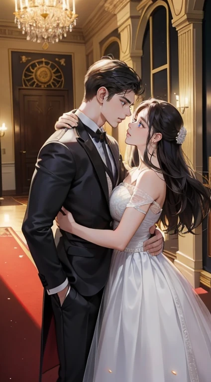 Romantic couples look at each other, O homem pega a mulher, um homem maduro com cabelo preto, com cabelo preto curto com borlas (Sorriso Suave, Shy),Different heights are taller)), estrelas brilhantes,Efeitos de brilho, a noite,In the banquet hall,The face is clear and precise,detalhe no rosto,superfino,castelo,16k resolution,alta qualidade, Alto detalhe da imagem,dynamic viewing angle,epic shot,oc renderizado, dance floor, luz detalhada, sombra detalhada