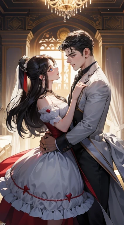 Romantic couples look at each other, O homem pega a mulher, um homem maduro com cabelo preto, com cabelo preto curto com borlas (Sorriso Suave, Shy),Different heights are taller)), estrelas brilhantes,Efeitos de brilho, a noite,In the banquet hall,The face is clear and precise,detalhe no rosto,superfino,castelo,16k resolution,alta qualidade, Alto detalhe da imagem,dynamic viewing angle,epic shot,oc renderizado, dance floor, luz detalhada, sombra detalhada