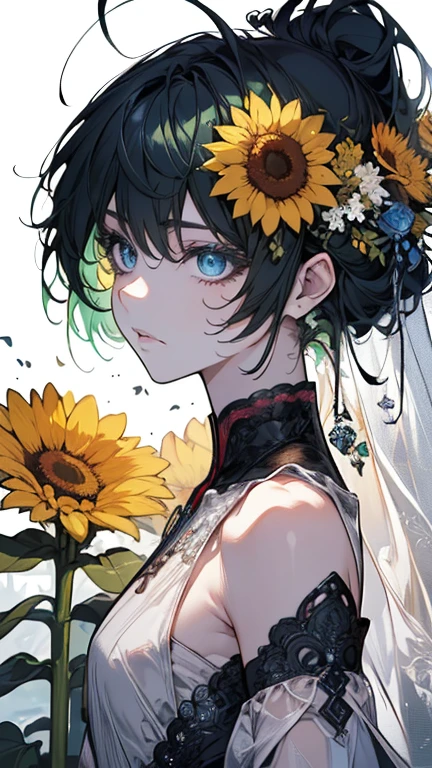 ((8K resolution))、((highest quality))、((masterpiece))、((Super detailed))((((dramatic))), (((Rough feeling))), (((intense)))、whole body、Completely naked、a handsome guy、woman、sunflower field、twilight、Wedding dress、tattoo、short hair、two block、white、yellow、green、green、flower々、flower fire、Clear shadows、lively, front,rich colorful，have confidence，coil，scene，boldness，to attract attention，smart、tendency、i concentrate