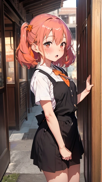 masterpiece、highest quality、Very detailed、8k CG、
Photograph the upper body、1 female、(Put your arms behind your back:1.2)、Are standing、Turn your body forward、View your viewers、(Orange waitress uniform)、blush、shy、(trembling:1.2)、Pink Hair、Open your mouth、restaurant、