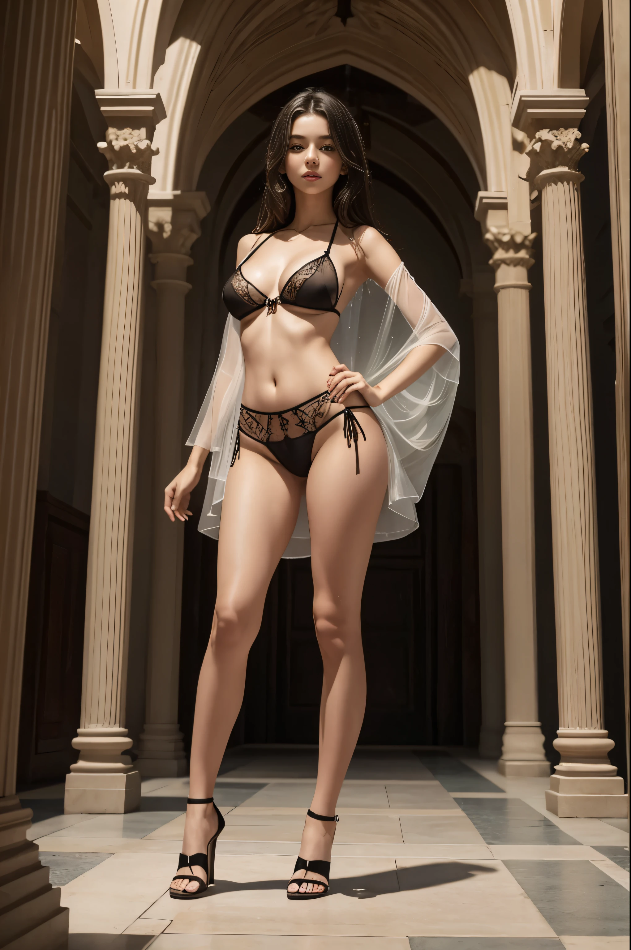 young lady, ((full body)), bikini and see-through lingerie, standing in her palace, beautiful chest, from front below