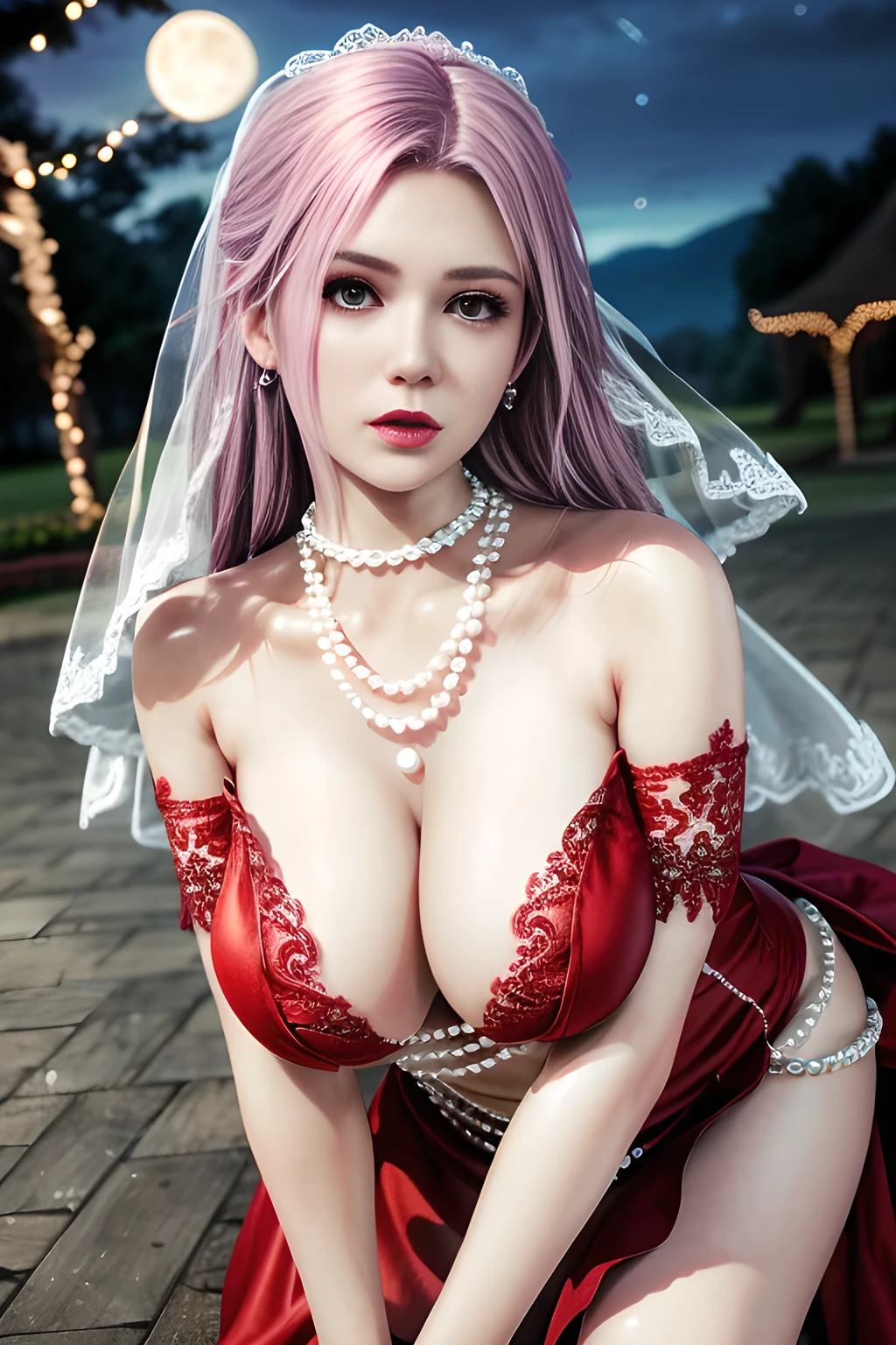 1 girl,lean over ,(Wearing Wedding Dress:1.2) ,(Wearing Jewel:1.2) ,( red lace_dress:1.3),(Fluffs ),(pearl bodychain:1.3),outdoor,elegant,nighttime,moonlighe,shiny skin,( huge breasts), lip gloss,tattoos, masterpiece, best quality, realistic ,Surrealism,natural colors art in 8k,soft shadows,Portrait art,solo, elise,