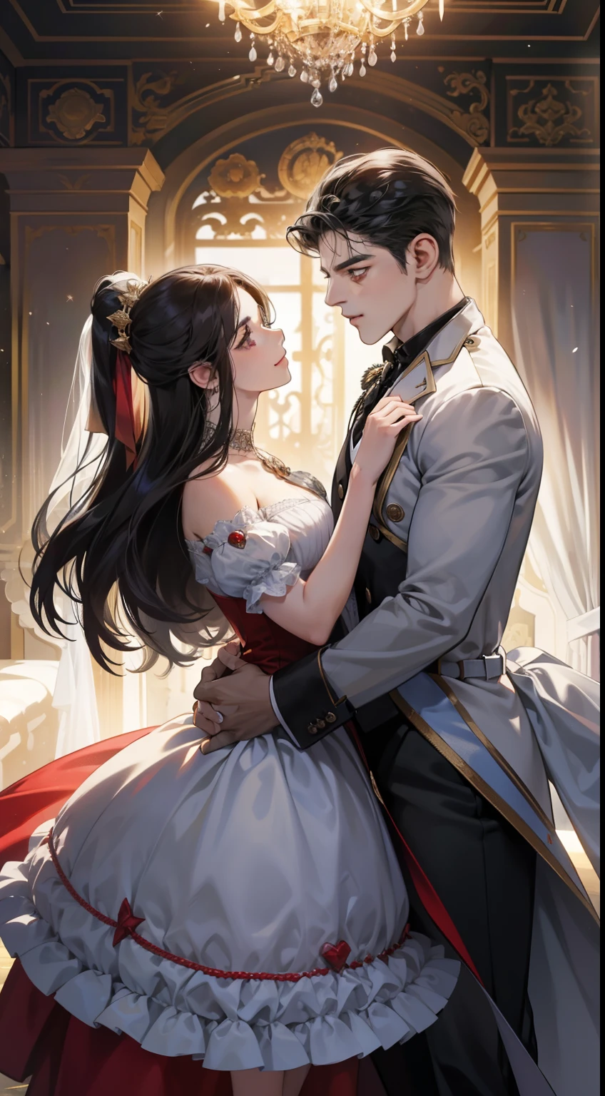 Romantic couples look at each other, O homem pega a mulher, um homem maduro com cabelo preto， com cabelo preto curto com borlas (Sorriso Suave, Shy)，Different heights are taller)), estrelas brilhantes，Efeitos de brilho, a noite，In the banquet hall，The face is clear and precise，detalhe no rosto，superfino，castelo，16k resolution，alta qualidade, Alto detalhe da imagem，dynamic viewing angle，epic shot，oc renderizado, dance floor, luz detalhada, sombra detalhada