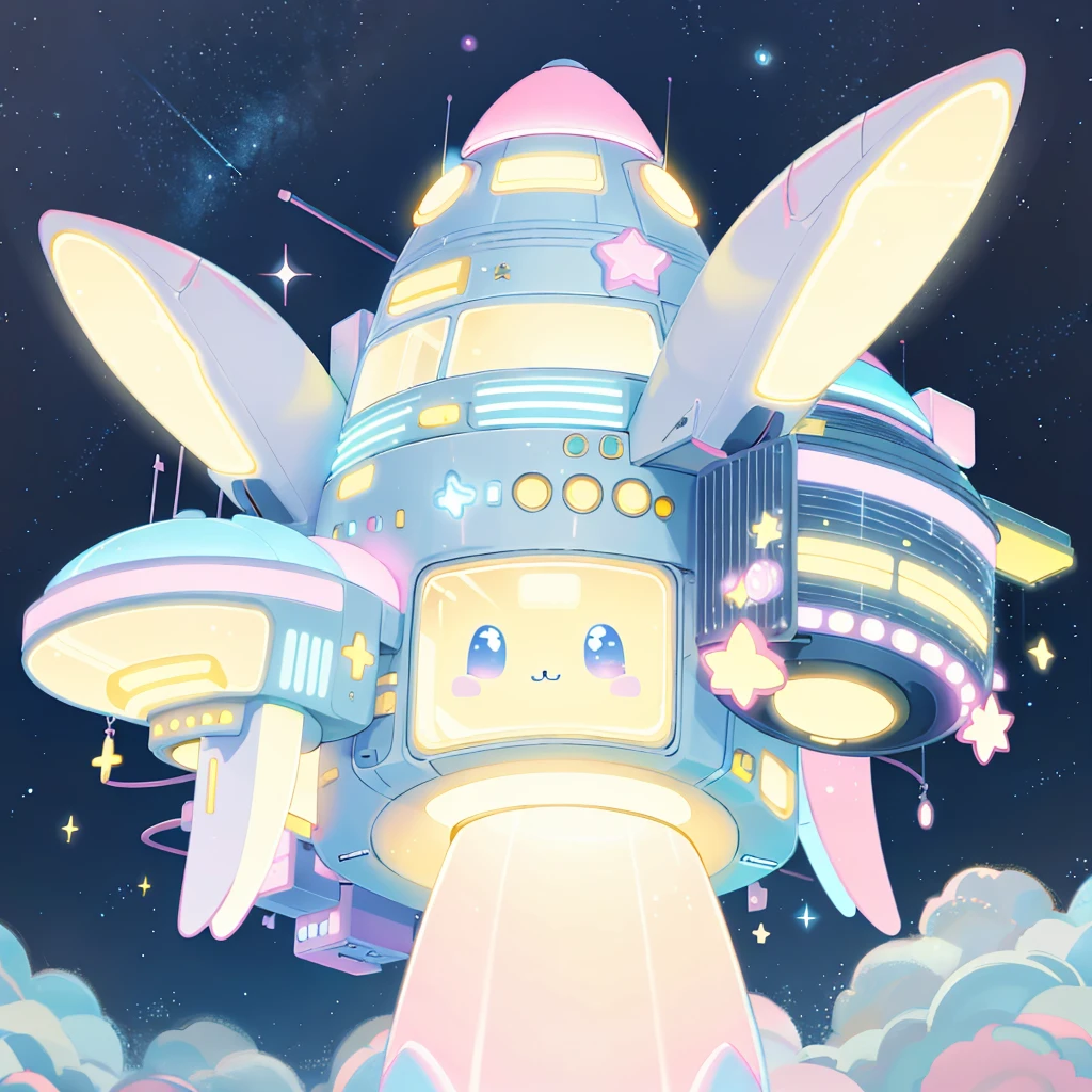 A futuristic flying star-shaped pastel-colored vehicle、Spaceship、kawaii tech,No people、rabbit
