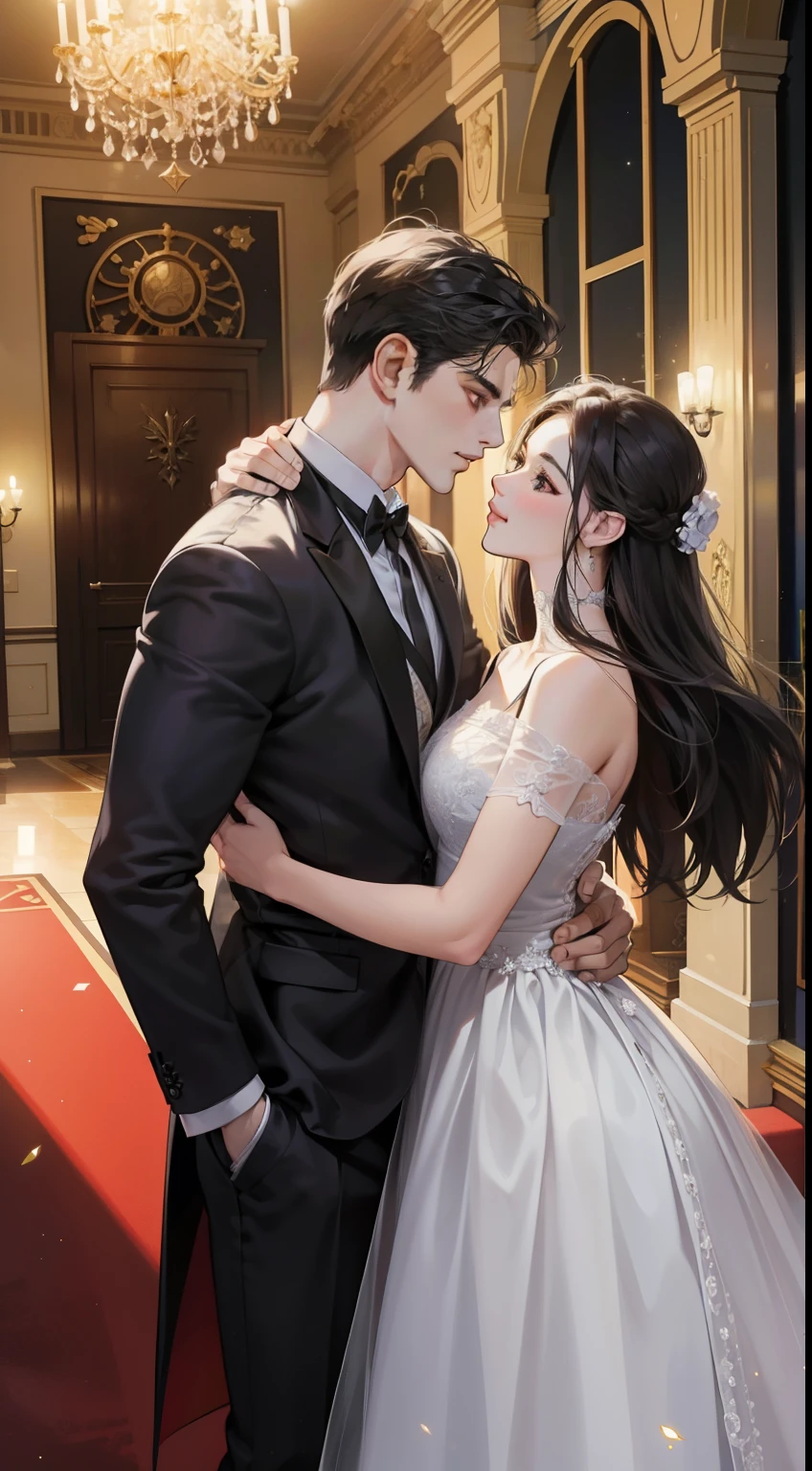 Romantic couples look at each other, O homem pega a mulher, um homem maduro com cabelo preto, com cabelo preto curto com borlas (Sorriso Suave, Shy),Different heights are taller)), estrelas brilhantes,Efeitos de brilho, a noite,In the banquet hall,The face is clear and precise,detalhe no rosto,superfino,castelo,16k resolution,alta qualidade, Alto detalhe da imagem,dynamic viewing angle,epic shot,oc renderizado, dance floor, luz detalhada, sombra detalhada