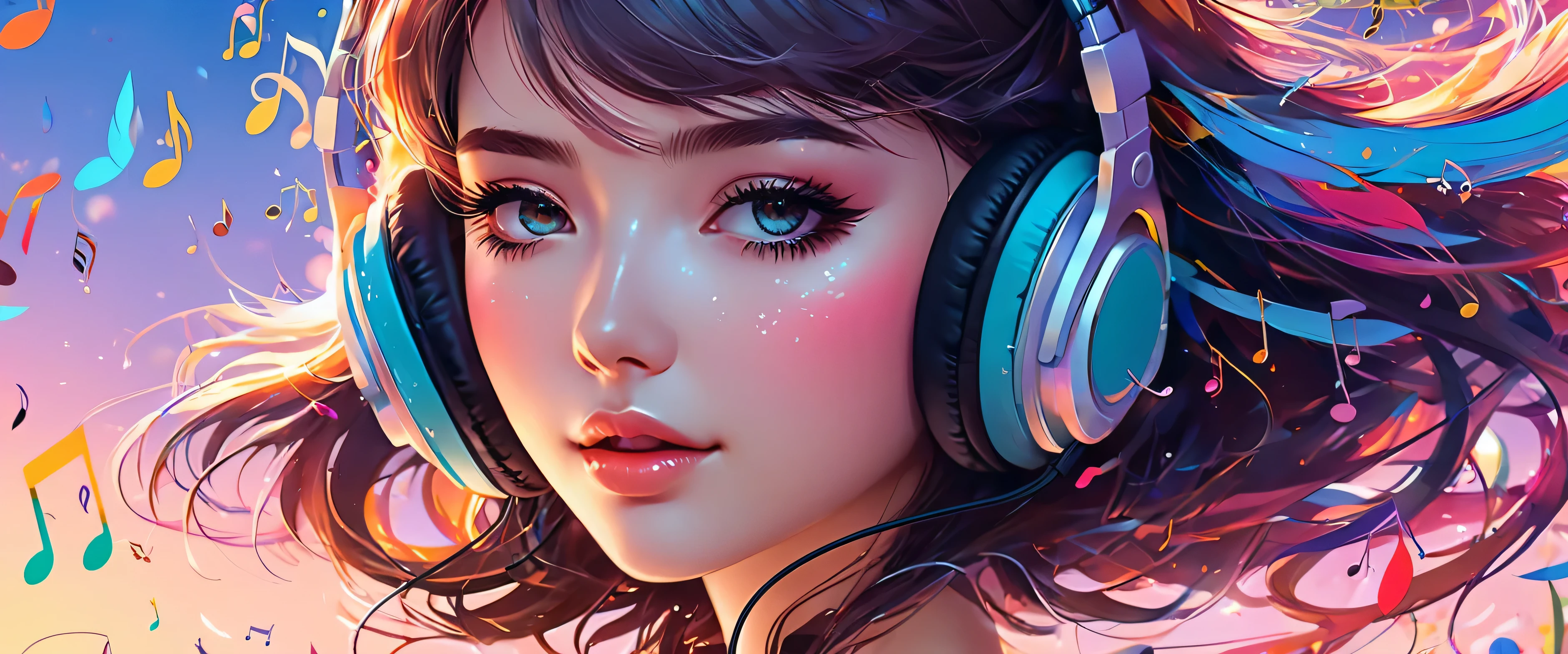 a close up of a woman with headphones on and music notes, vibing to music, a beautiful artwork illustration, anime art wallpaper 4 k, anime art wallpaper 4k, anime art wallpaper 8 k, anime style 4 k, music in the air, artgerm colorful!!!, stunning art style, alice x. zhang, colorful illustration, beautiful anime artwork