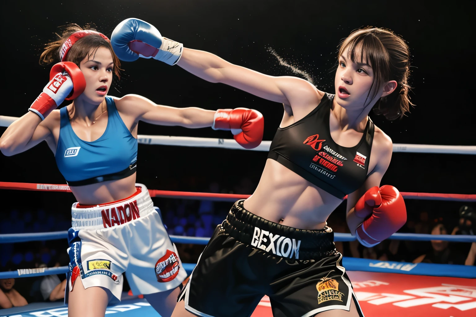 (Boxing Match), 2girls, fighting, shorts, barefoot, gloves, navel, midriff, sports bra, realistic, duel, boxing gloves, dynamic action, best quality, 8k, high resolution, ultra-detailed, extremely detailed, top quality, realistic, madeon