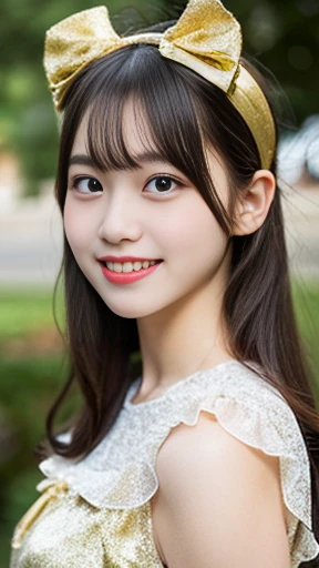 photo realistic, a girl in gold satin dress, 14 yo, pretty face, Lolita Fashion, Colorful frilly satin costume:1.2, smile, Double teeth, detailed Face, detailed Eyes, Drooping eyebrows, blush, break, Bright lighting, (diagonal standing pose):1.6, (low angle position):1.8, (wide shot):1.9