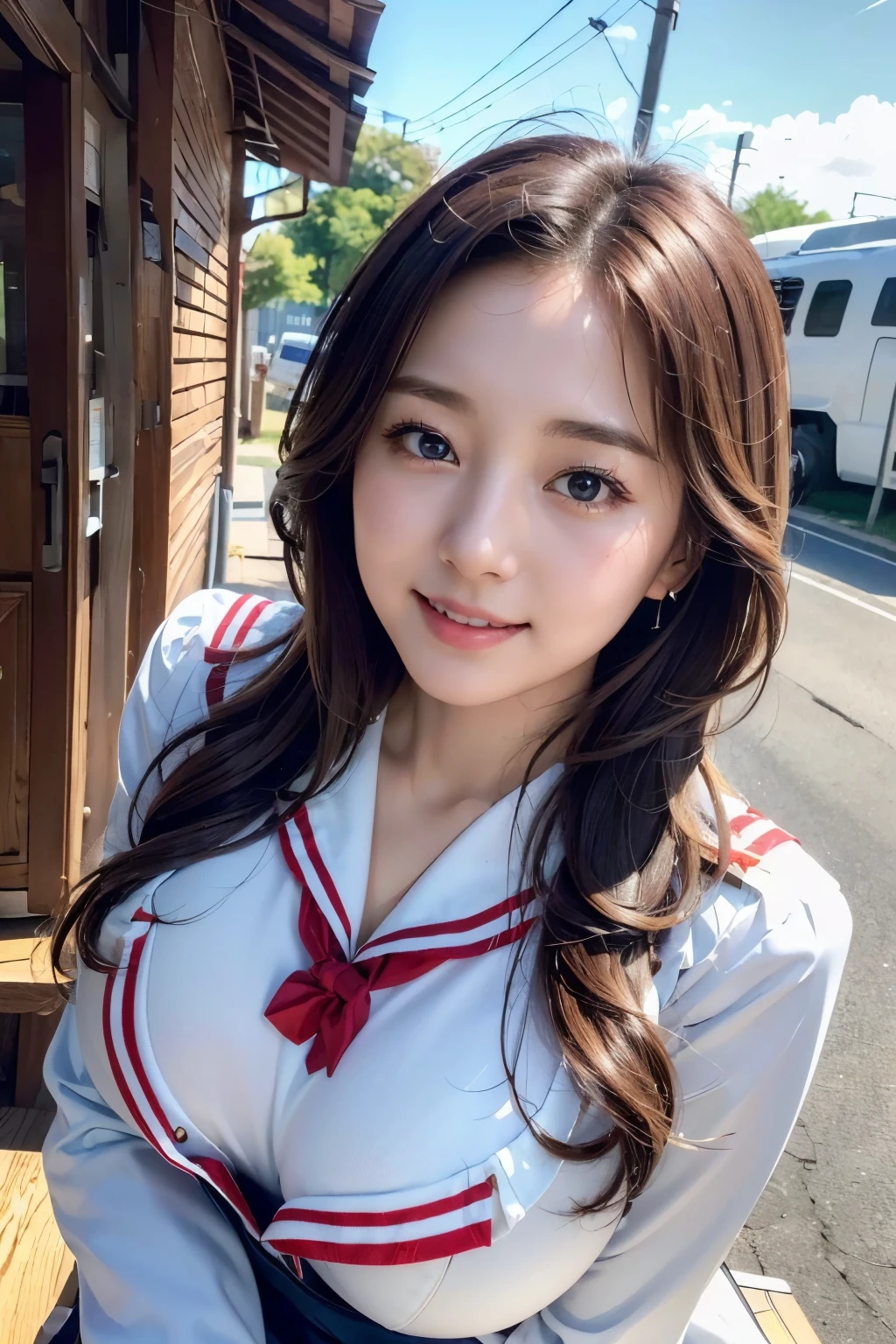 (8k、Masterpiece、RAW Photos、highest quality: 1.4)、(Photorealistic: 1.2)、(非常にDetailed face)、(Shiny skin)、(Detailed skin)、(Detailed face)、(Very beautiful face)、1 Girl、looking at the camera、Idol(actress)、Brown Hair、Medium Hair、Straight Hair、Asymmetrical Bangs、smile、Glamour、Big Breasts、(uniform、Sailor suit:1.2)、Street、(Buckshot、Butt Lift:1.2) 、Natural light、nsfw