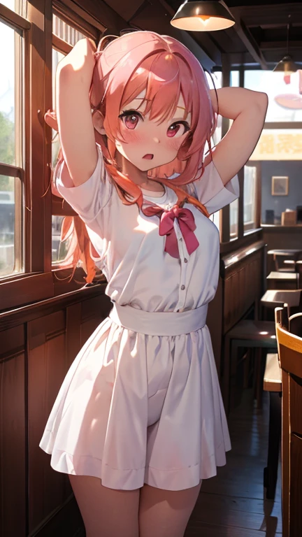 masterpiece、highest quality、Very detailed、8k CG、
Photograph the upper body、1 female、(Put your arms behind your back:1.2)、Are standing、Turn your body forward、View your viewers、(Orange Dirandall)、blush、shy、(trembling:1.2)、Pink Hair、Open your mouth、restaurant、