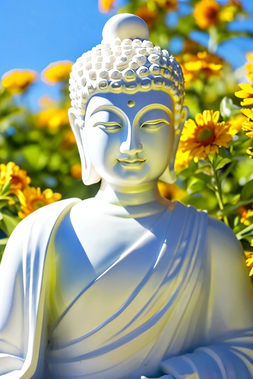 bright background buddha statue　 Buddha　solo front　looking here　halo is shining　upper body only　close up of face　join hands　like a photo　The background is full of flowers fantastic background
