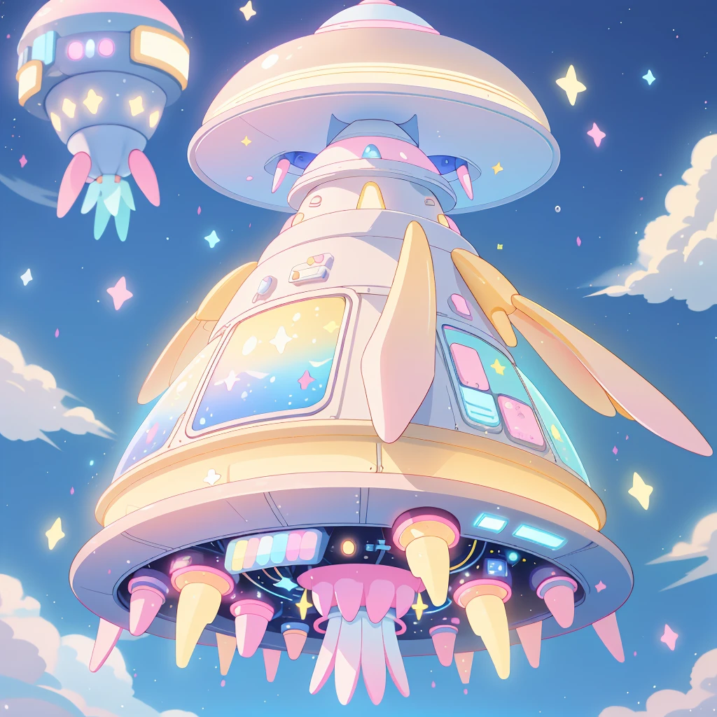 A futuristic flying star-shaped pastel-colored vehicle、Spaceship、kawaii tech,No people、rabbit