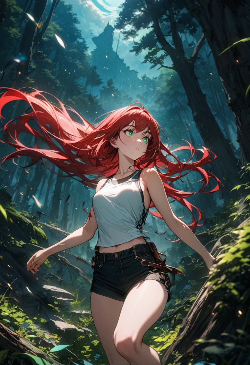 best quality, super fine, 16k, incredibly absurdres, extremely detailed, beautiful woman walking around a forest looking intrigued, wearing tight tanktop, shorts, captivating look, red long hair, red hair, long hair, green eyes, green eyes, wind, wind-effect, moonlit night view, (magnificent view:1.1) , clockpunk, fantasy, derailed, magical forest