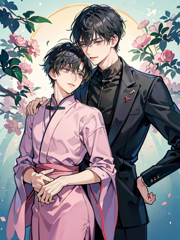身長差のあるTwo men性、Tall men and short men、Black-haired man、Man hugging、Detailed face、Happy expression、lover、Boys Love、Love each other、Two men
