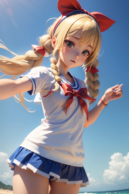 ( Absurdly , high quality , Ultra-detailed ),Midday Summer、At the beach、(()),High school girl with long blonde twin tails、(((sports day))),Blue maid outfit、With a red ribbon on your head,,,、3D anime girl rendering,LOL,Selfie style