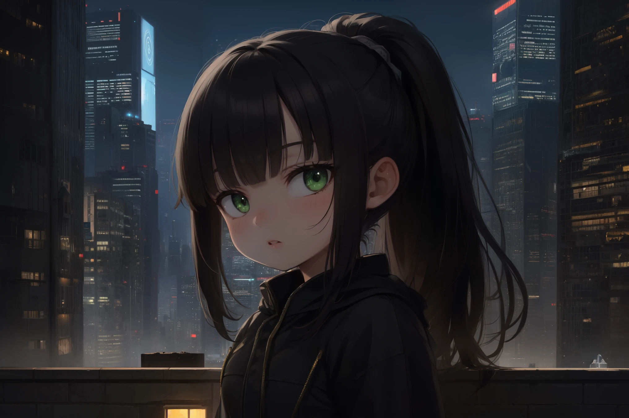 (()), young, (green eyes), ((black hair)), ((ponytail)), ((petite)), ((pussy)), (pussy juice), standing, up close, city background, midnight, city, skyscraper, city lights, looking at viewer, Very good figure, extremely detailed, cinematic lighting, volume lighting, masterpiece, best quality, by artgerm and greg rutkowski and alphonse mucha