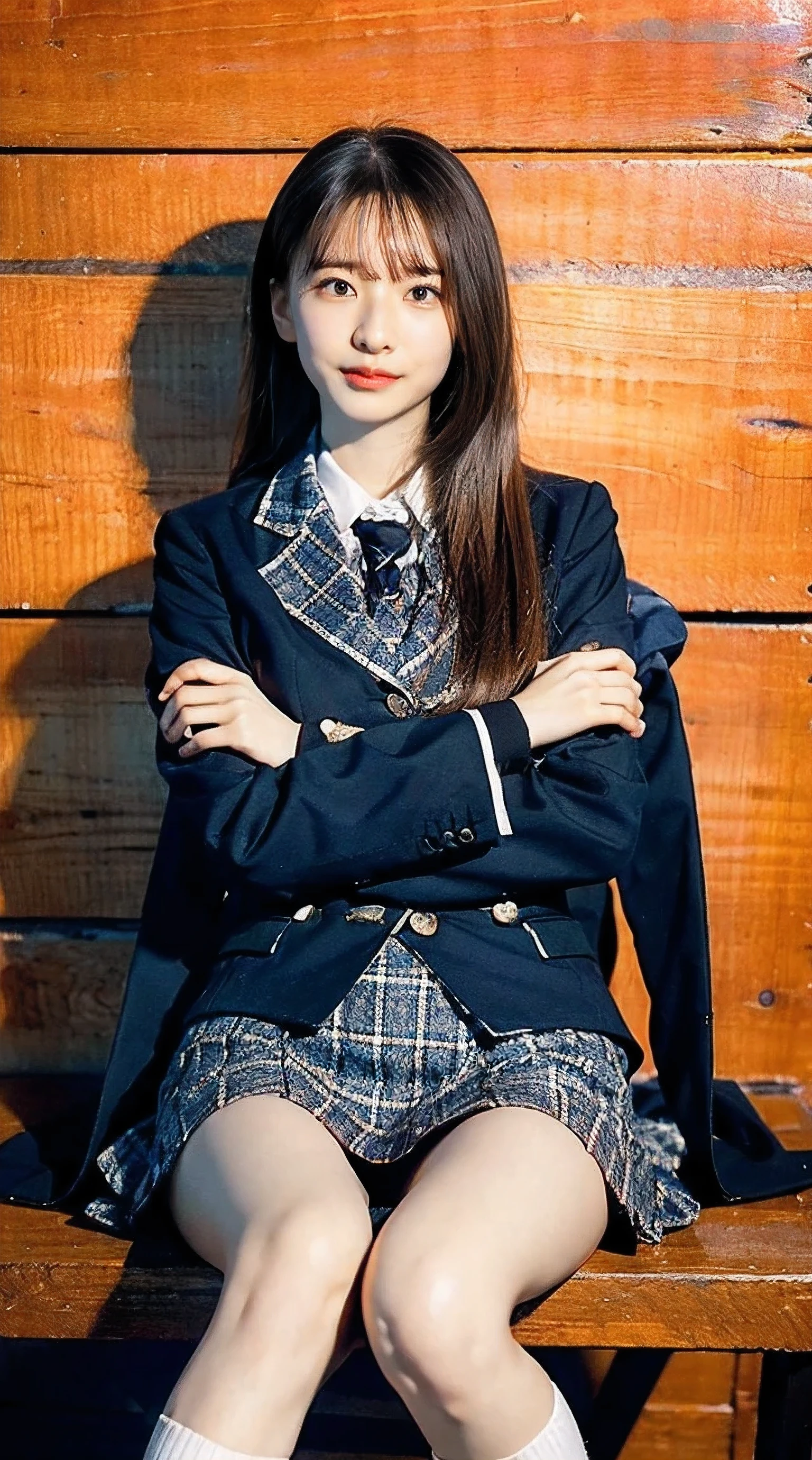 (best quality,8k,RAW,highres,masterpiece:1.2),(realistic,photorealistic:1.37),1girl,((Blazer uniform、mini skirt、white socks,high socks、loafers、Are standing、Bedroom)) smiling and facing towards the viewer,sitting with legs apart,open legs,show me underwear,arms up,)long eyelashes,glimmering eyelids,accurate anatomical proportions,detail skin,detail face