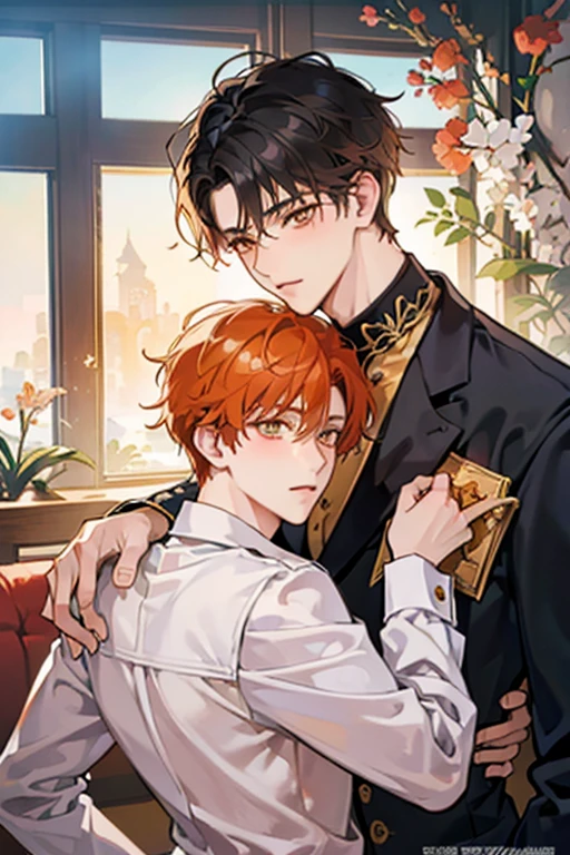 ((highest quality)), ((masterpiece)), (detailed), Perfect Face, 2 boys,  couple, There is a tall, handsome boy with black hair and dark brown eyes., Looks fierce and bold, Tsundere, Very tall, hot and other boy has orange hair and orange eyes and is cute adorable and is bubbly and shorter, low length, Baby Face, Blushing makes you look innocent and embarrassed, Those two are in love, Romance, Gayuple, BL couple, Yaoi, 4K Ultra Anime Quality, Anime art style, bl Yaoi, Embrace, 4KAnime art style, cute, Get close, Soft look