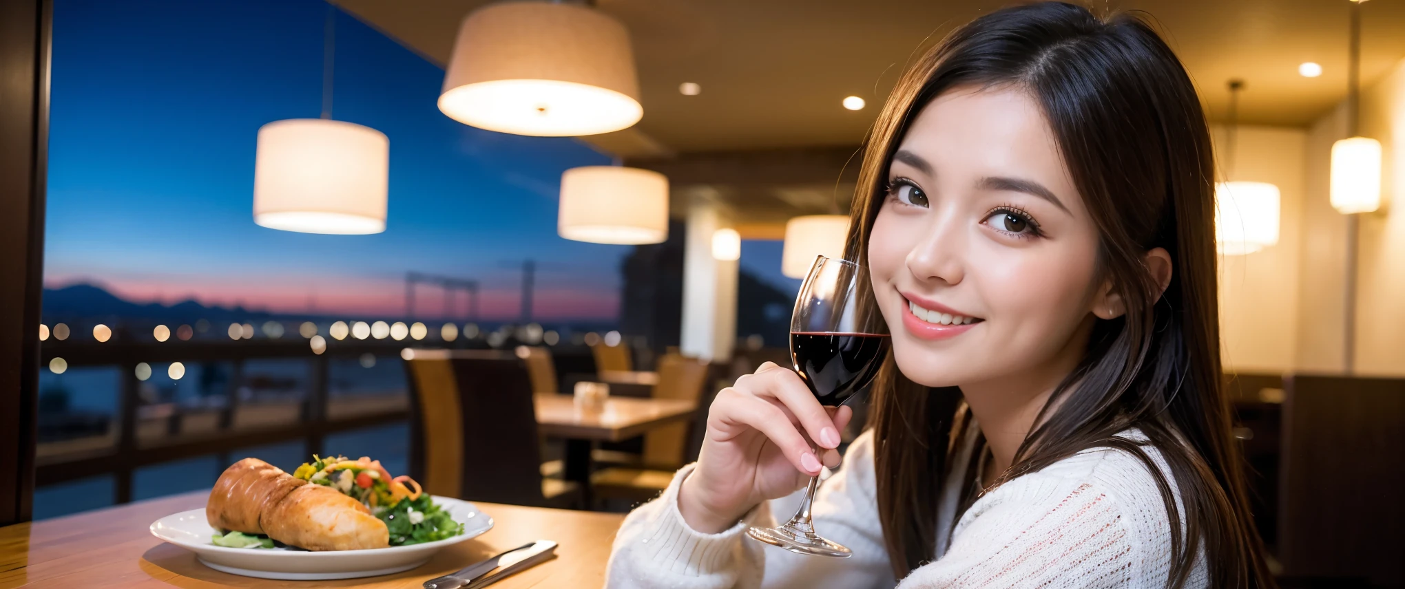 ((highest quality、8k、masterpiece:1.3))、Sharp focus:1.2、Beautiful woman perfect body:1.4、slimなボディ、((Bob Hale、Straight hair:1.2))、(to be born, highest quality, masterpiece:1.5), (Realistic, Intricate details:1.2), Ultra-high resolution, Put the light on your face、Amazing view of the sunset sky and clouds、Amazing mountain views、ニコニコ明るいsmile、wine glass、red wine 、Appetizers、Italian food、Wine bottle、Champagne、sparkling wine、, Beautiful Face, blue eyes, The light shines on your face, Blushing, short hair,Bright Face、Fox face、 (42 years old), 40 years old, Lady、Two beauties、Brown Hair、Shortcuts、Long sleeve shirt、dress、Pretty Woman 1, (slimな顔), (The body is slim), (Brown Hair), (Shortcuts), cheeks turn a little red,Attractive beauty、, Out of the window, A beautiful and detailed night view unfolds.........., restaurant, In a prominent place (From the waist up) Nova Frog Style, actress, model, Upper Body, White wine, slim, wine glass, 真ん中に置かれたwine glass, smile, (smile: 1.15), Beautiful fine grain, Depth f/2,saturation, High Contrast, Strong light and shadow,Moist Body:1.5、3D texture、Delicate eyes、Brown Hair、The hair is very shiny、