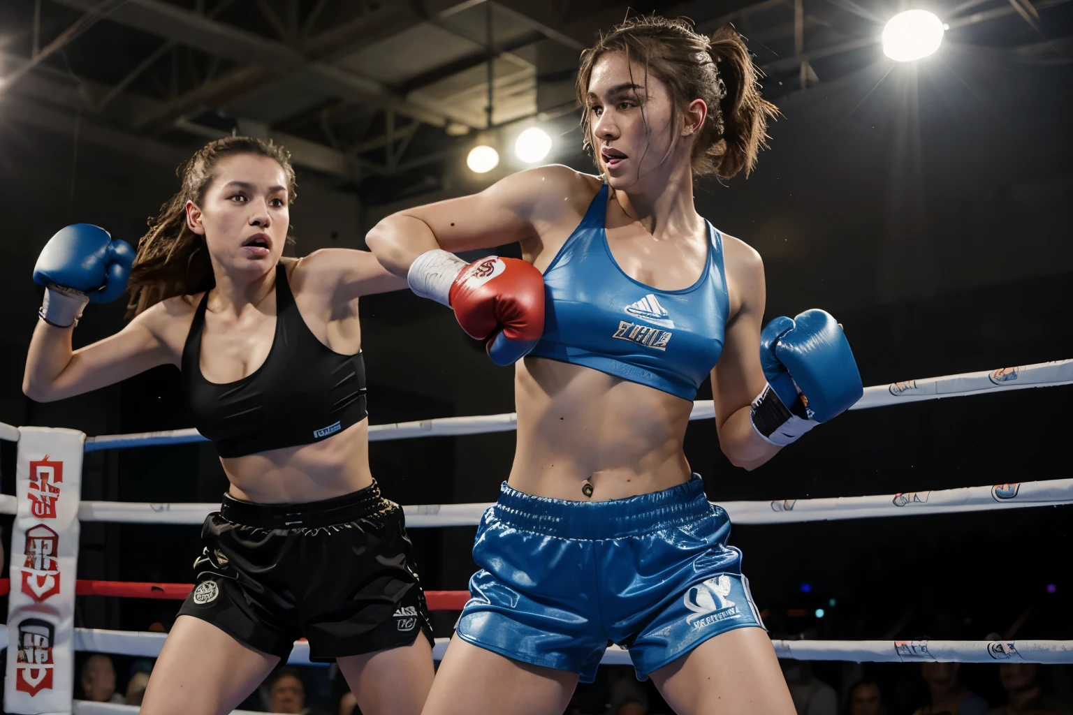 Boxing Match, 2girls, shorts, barefoot, gloves, navel, midriff, blue shorts, sports bra, realistic, duel, boxing gloves, dynamic action, 