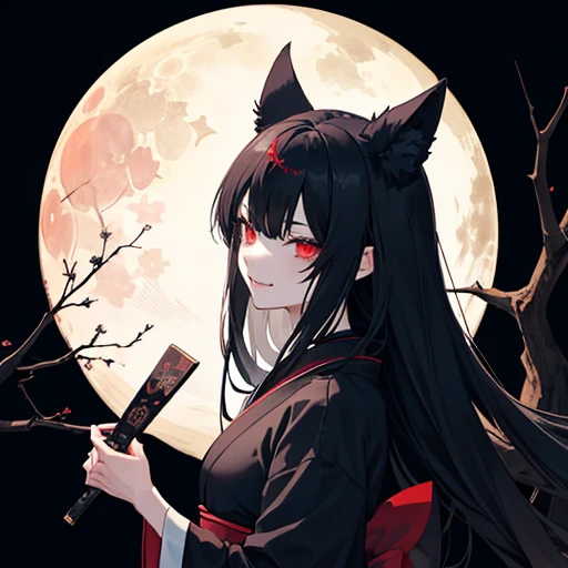 A girl with black fox-ears, face scars and morbid bloodless-face. She is wearing black Japanese-kimono and holding 匕首 the knife. She is eerily laughing, insanity. Blood-moon, Scarlet celestials, Groves at night, Dark atmosphere, Gloomy, Profile