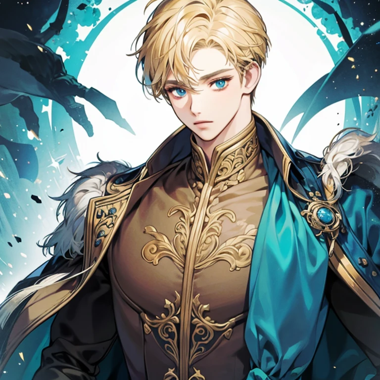 Masterpiece, best quality, solo, 1 male, short hair, turquoise eyes, blond hair, dark blue clothes, necromancer