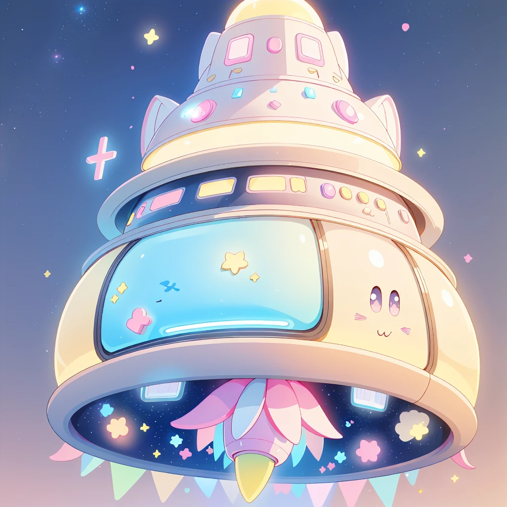 A futuristic flying star-shaped pastel-colored vehicle、❤、★、❤★❤、Spaceship、kawaii tech,No people、rabbit