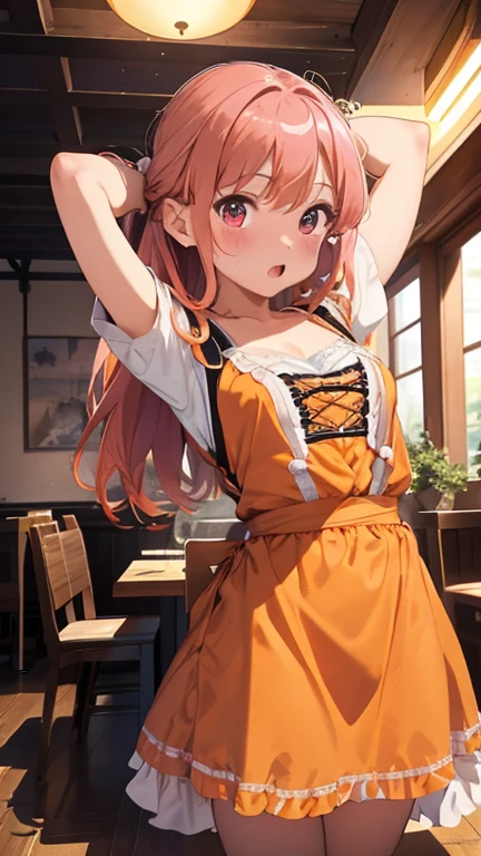 masterpiece、highest quality、Very detailed、8k CG、
Photograph the upper body、1 female、(Put your arms behind your back:1.2)、Are standing、Turn your body forward、View your viewers、(Orange Dirndl)、blush、shy、(trembling:1.2)、Pink Hair、Open your mouth、restaurant、